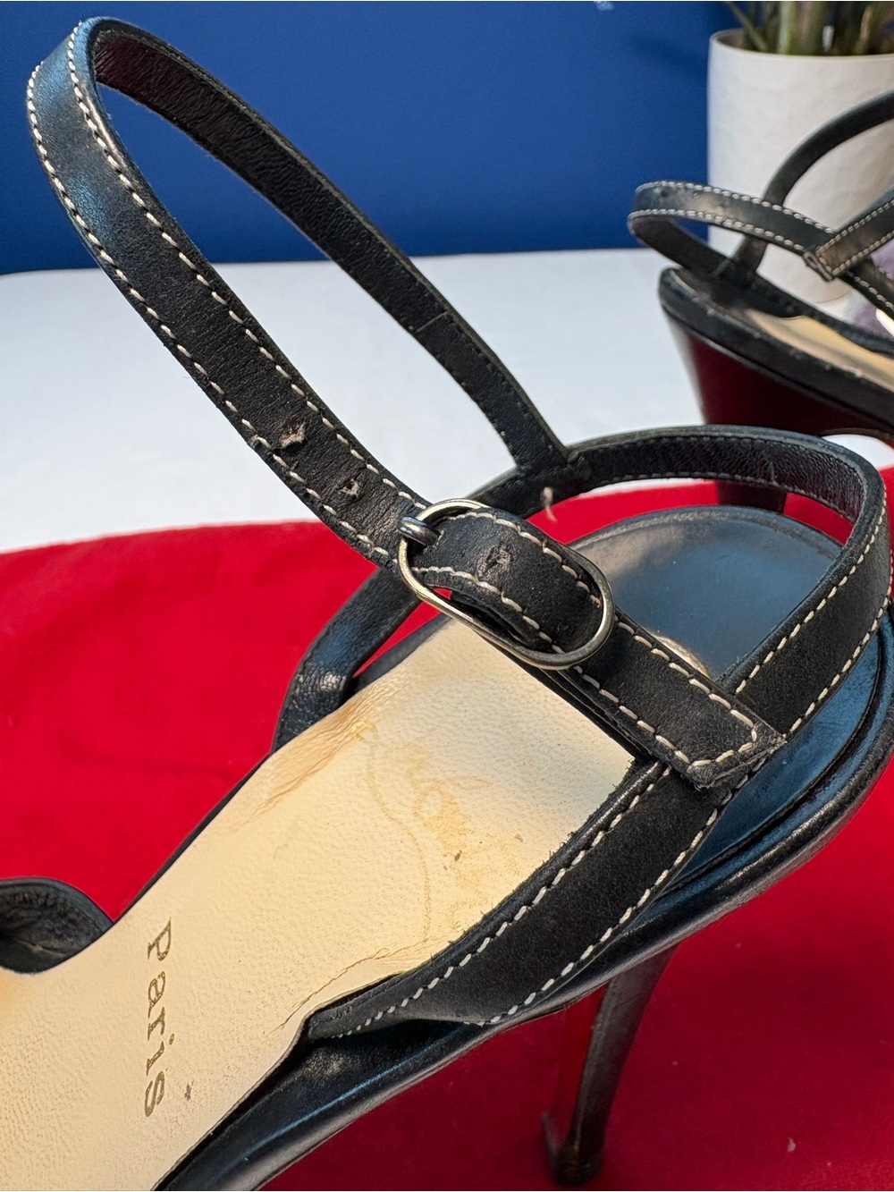 Christian Louboutin Black Leather Contrast-Stitch Platform Sandals, US Size 10 - Picture 13 of 16
